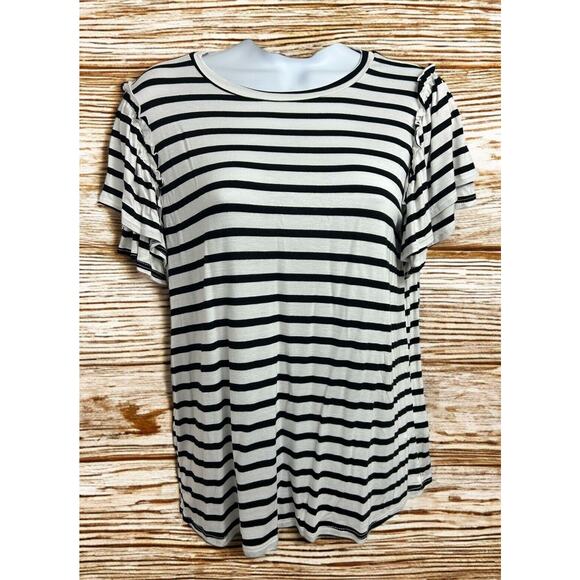 Green Envelope Black and White Striped Blouse Sz Small Flutter Short Sleeve Top - Picture 1 of 8
